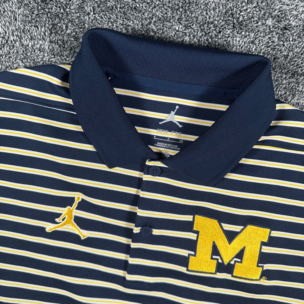 Michigan Wolverines Jordan Polo Shirt Mens S Navy NCAA Football Dri-FIT Striped